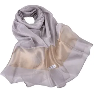 Dual-tone lightweight 100% silk shawl scarf in champagne gold and lilac grey shades