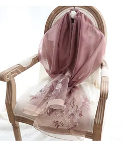 Close-up of silk wool shawl showing intricate floral embroidery and sheer fabric texture