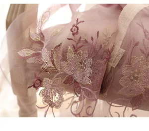Detailed macro view of embroidered floral pattern on premium silk wool scarf fabric