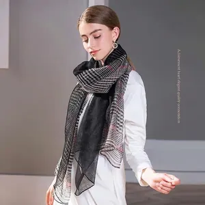 Silk wool plaid scarf for women with black stripes and red checkered pattern shawl