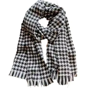 Écharpe classique à carreaux pied-de-poule noir et blanc avec franges, châle chaud hiver
