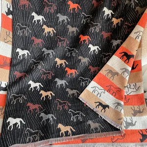 Elegant grey cashmere-like scarf with colorful horse print and short tassel edges