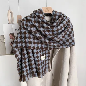 Women Winter Houndstooth Scarf Thick Warm Scarf With Tassel Letter Label Polyester Imitation Cashmere Fashion Shawl Wrap