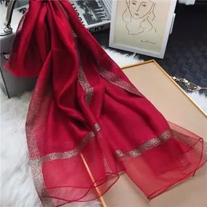 Womens Long Mulberry Silk Scarf Elegant Gold Trimmed Beaded Sheer Shawl Spring Summer Fashion Sun Protection Wrap