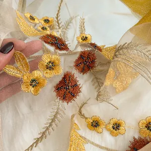 Silk wool scarf with detailed gold floral embroidery and hand-beaded accents for women