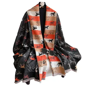 Elegant cashmere-feel scarf with horse jacquard pattern and fringe trim for women
