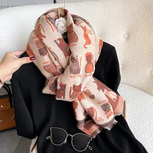 Women Cute Cartoon Cat Pattern Scarf Winter Warm Jacquard Viscose Scarf With Tassels Casual Soft Long Pashmina Shawl For Ladies Students