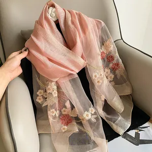 Close-up of pink silk wool scarf featuring intricate floral embroidery and sequins