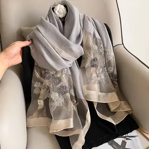 Elegant grey silk wool shawl with floral embroidery and sequin mesh for women