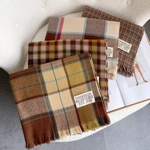 Set of four autumn plaid cashmere shawls with fringe tassels and woven labels