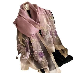 Pink and taupe silk wool scarf with intricate floral embroidery and golden leaf details