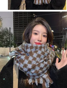 Detail of brown and blue checkered knit scarf with tassels worn by model at night