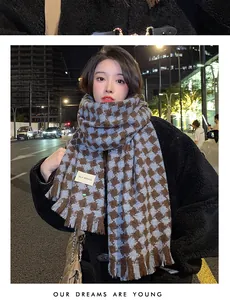 Close-up of thick houndstooth scarf with tassels and street style label detail