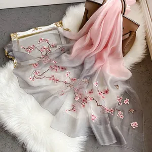 Pink and grey gradient silk wool scarf with exquisite floral embroidery on plush background