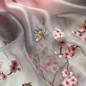 Gradient silk wool scarf with cherry blossom embroidery and butterfly pattern detail