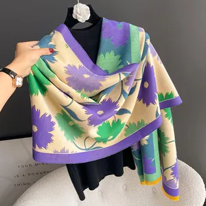 Écharpe Jacquard Tournesol Colorée pour Femmes Châle en Imitation Cachemire Chaud avec Glands Imprimé Floral Hiver