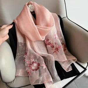 Elegant pink silk wool scarf with intricate floral embroidery and vintage palace style