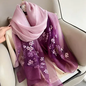 Women Gradient Silk Wool Blend Scarf With Flower Butterfly Embroidery Vintage Royal Style Shawl Elegant Wrap For Banquet Wedding