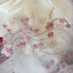 Silk wool scarf featuring exquisite pink winter jasmine embroidery and floral appliques
