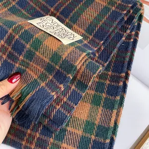 Detailed close-up of retro plaid scarf showing woven texture and Underson fabric label