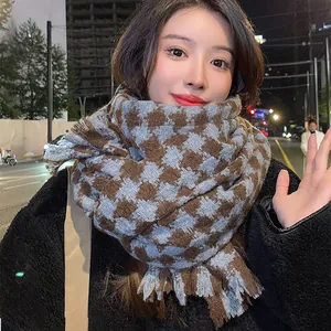 Thick houndstooth plaid scarf for women, warm winter shawl with fringes in blue and brown