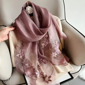 Detailed close-up of premium silk wool scarf with 3D floral embroidery and jacquard pattern