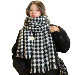 Classic black and white houndstooth thick scarf with tassels and self-service label