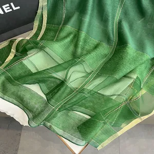Luxurious dark green silk mohair scarf with golden metallic grid patterns for women