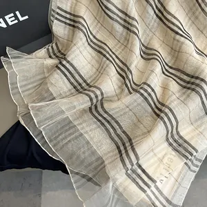 Classic checkered double layer silk scarf in light beige with fine metallic thread details