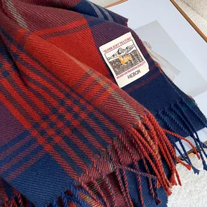 Winter vintage red and blue plaid cashmere scarf with fringes and minimalist brand label
