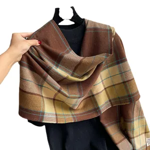 Classic plaid scarf for women in brown and yellow cashmere-like thick warm fabric