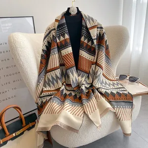 Bohemian Geometric Double Sided Imitation Cashmere Scarf Thickened Warm Winter Shawl Ethnic Tassel Scarf For Women