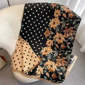 Ethnic retro floral cashmere-like scarf with polka dots and tassels for women