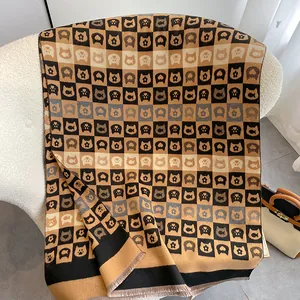 Écharpe épaisse en imitation cachemire à motif chat et pompons en damier camel et noir