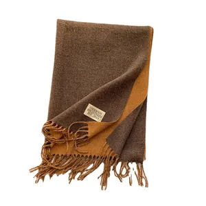 Brown and ginger yellow reversible cashmere-like scarf with fringe tassels and label