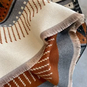 Detailed close-up of thick cashmere-like scarf texture with dots pattern and tassels