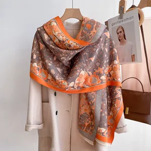 French Vintage Floral Bird Scarf For Women Thickened Cashmere Like Warm Winter Pashmina Shawl Elegant Tassel Wrap Scarf