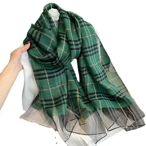 Classic dark green plaid silk scarf with gold metallic threads and mesh trim detail