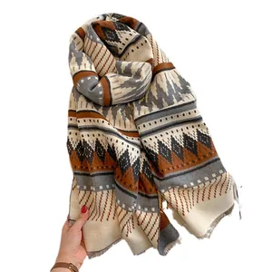 Bohemian double-sided thickened cashmere-like shawl with geometric patterns and tassels
