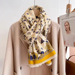 French vintage floral and bird pattern scarf in cream with elegant tassel details