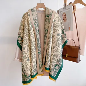 French vintage floral cashmere-feel thick shawl scarf with yellow tassels for winter