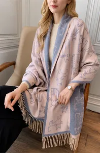 Détail de l'écharpe en cachemire rose et bleu avec motif chat et franges