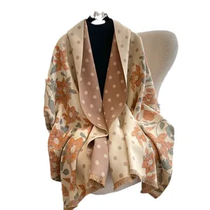 Ethnic vintage floral cashmere scarf with orange flowers and dots for women