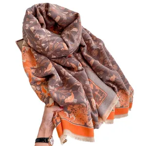 French vintage floral bird scarf in orange cashmere feel with fringe for winter