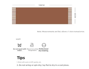 Detailed size chart for plaid scarf with fringe, 188x65cm and washing instructions