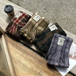 Women Retro Plaid Scarf Autumn Winter Thick Warm Tassel Shawl Wrap Polyester Imitation Cashmere Checkered Scarf Gift For Her