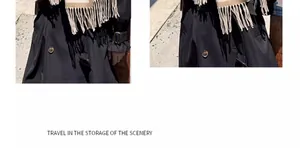 Détail d'une écharpe beige à franges assortie à un manteau noir à double boutonnage pour l'hiver
