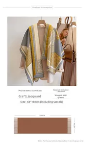 Detail showing faux cashmere scarf dimensions 65x188cm and 400g weight with fringe