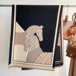 Luxury Women Winter Thickened Warm Faux Cashmere Scarf Double Sided Horse Pattern Tassel Shawl Wrap Elegant Long Fashion Scarf