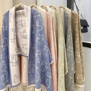 Écharpe Jacquard Chat Dessin Animé Mignonne Femmes Hiver Chaud Imitation Cachemire Châle Long Double Face Avec Glands